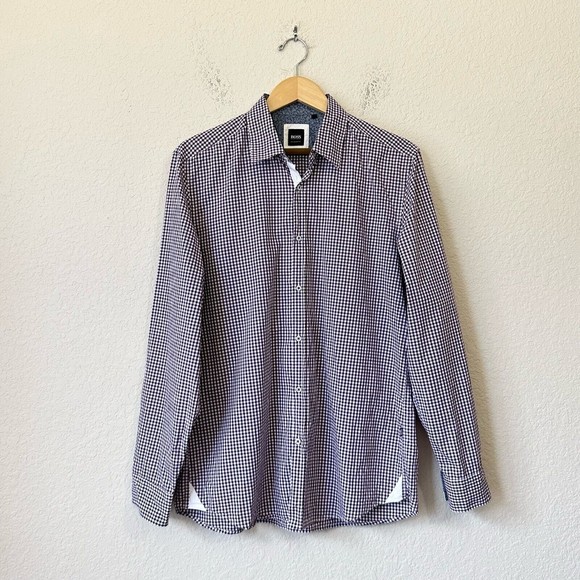 BOSS HUGO BOSS Check / Plaid Print Dress Shirt Purple Regular Fit - Picture 1 of 8